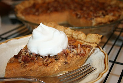 A classic southern pie made with spiced fresh sweet potatoes, topped with toasted pecans and drizzled with syrup.