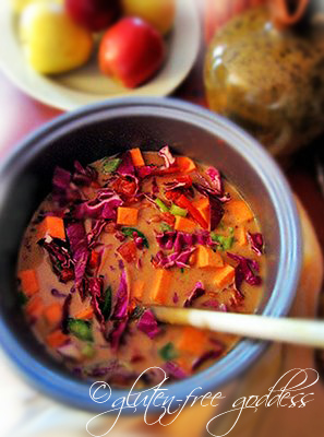 Gluten free sweet potato soup with cabbage and peanut butter