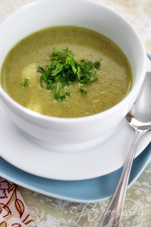 This vegan cream of broccoli soup is gluten free and thickened with gold potatoes