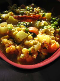 Spicy Vegetable Korma with Chana Dal in a Cashew Coconut Tomato Sauce