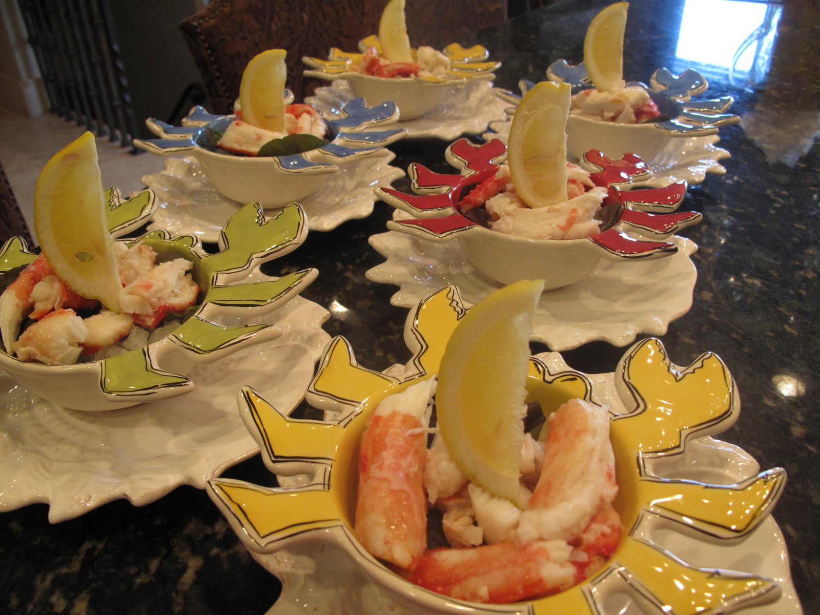 King Crab Cocktail with Dipping Sauces Third Course in our Spring Garden Party Purple