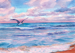 sunset ocean watercolor painting paintings beach sky hawaii oil sun waves edge seascape reflection swoops tern surf near