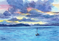 caribbean sunset watercolor painting scene dark paintings sea orange against seascape islands end tropical quiet