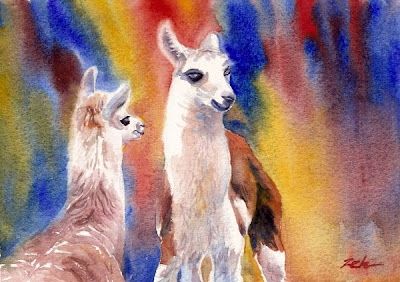 Baby animals - llamas watercolor painting