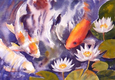 Koi fish in a water lily pond watercolor painting