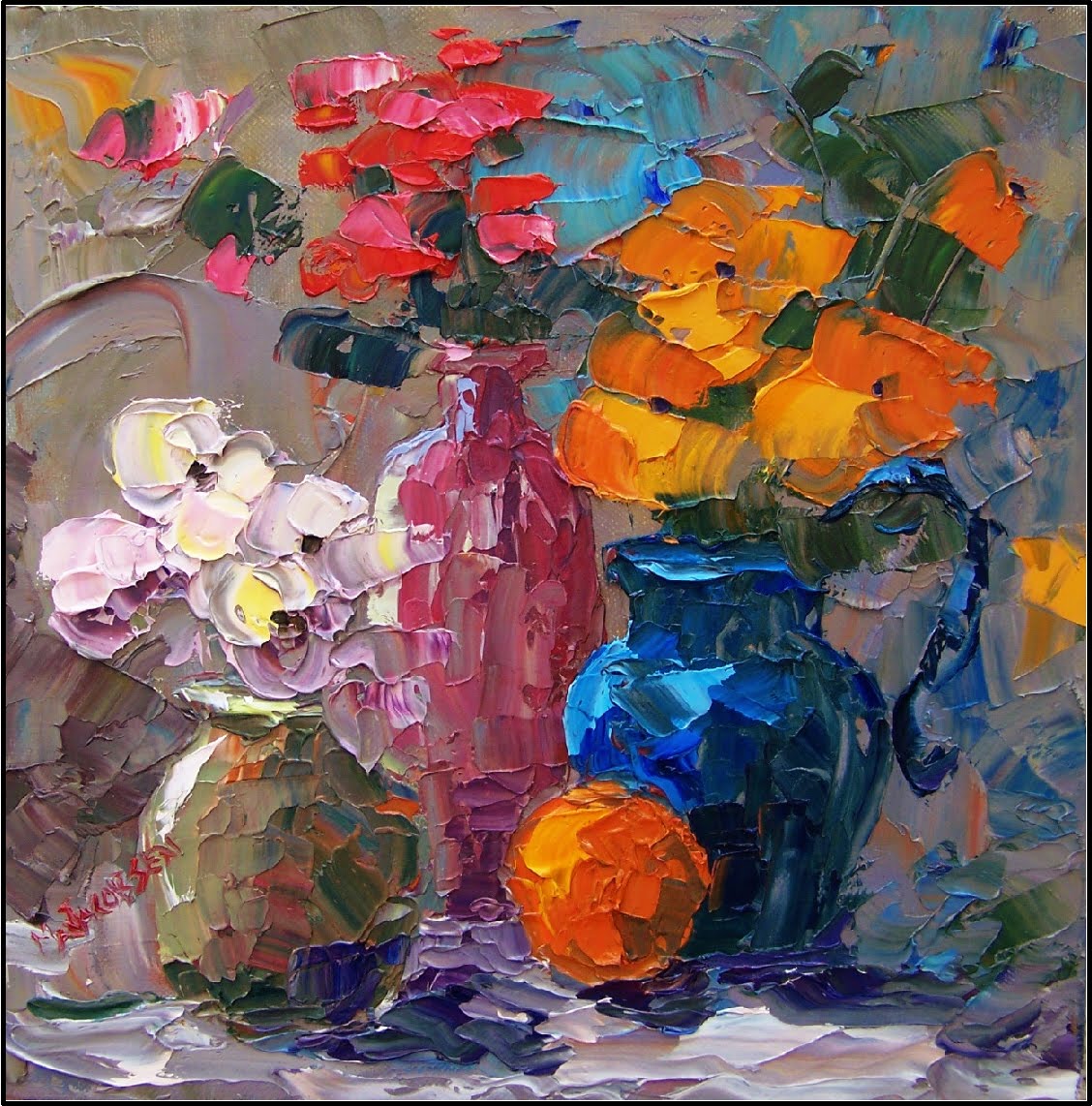 Paint Dance "Serendipity", bold color, palette knife floral painting