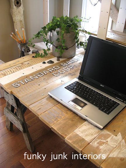 Pallet wood sawhorse ladder junk styled blogging desk via Funky Junk Interiors