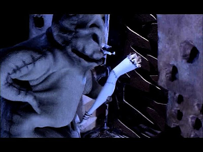 To distract Oogie Boogie, Sally suggestively places her leg around a corner