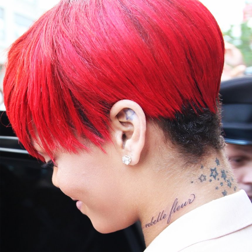 Rihanna new neck tattoo "french tattoo slogan"