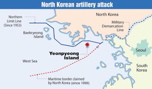 Mapa del ataque de Corea del Norte a una isla surcoreana