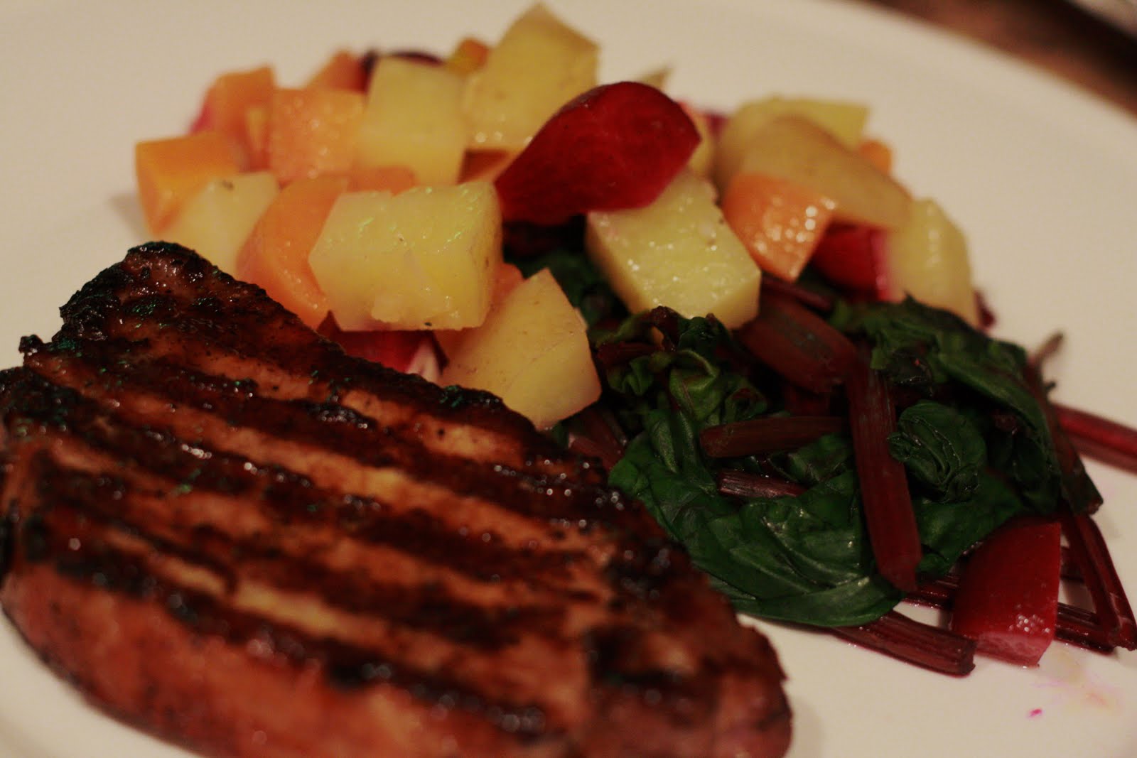 Pregnant AGAIN Salt and Pepper Pork Chops with Steamed Beet Greens