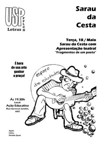 Sarau da Cesta com apresentação teatral "Fragmentos de poetas" dia 18 de maio(terça) às 19h30m