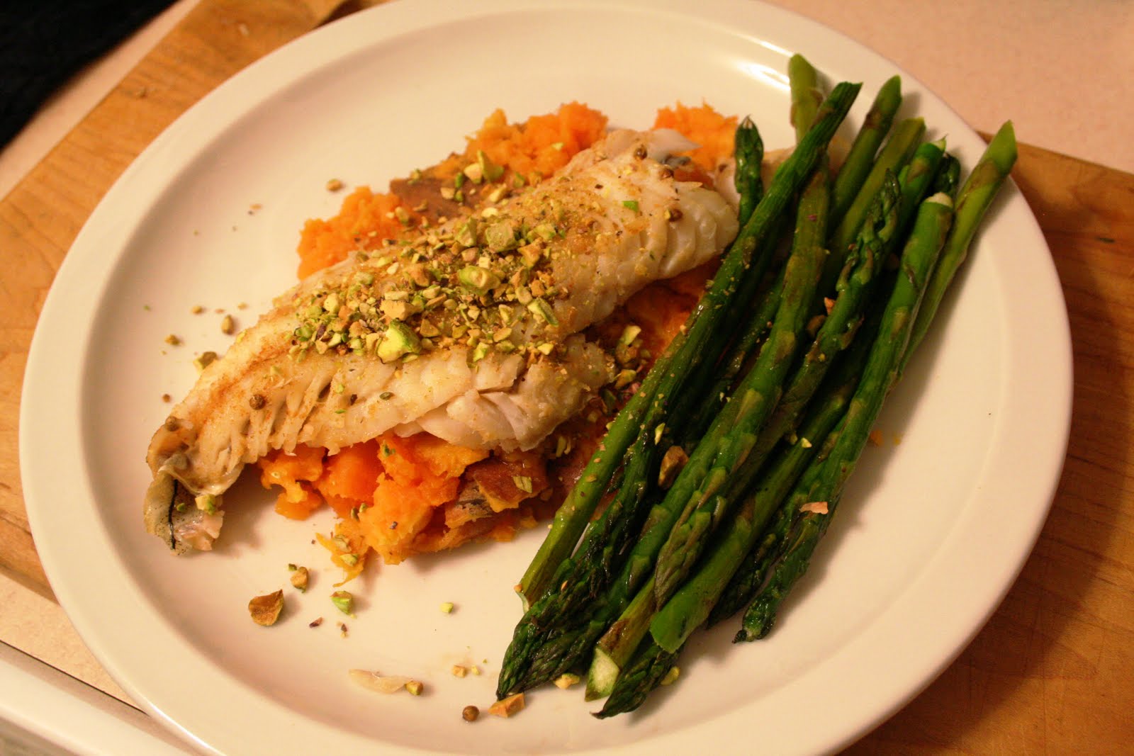 The Hesitant Cook Coriander Crusted Sea Bass and Asparagus over Sweet