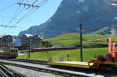 Red Cogwheel trains at the station of Kleine Scheidegg