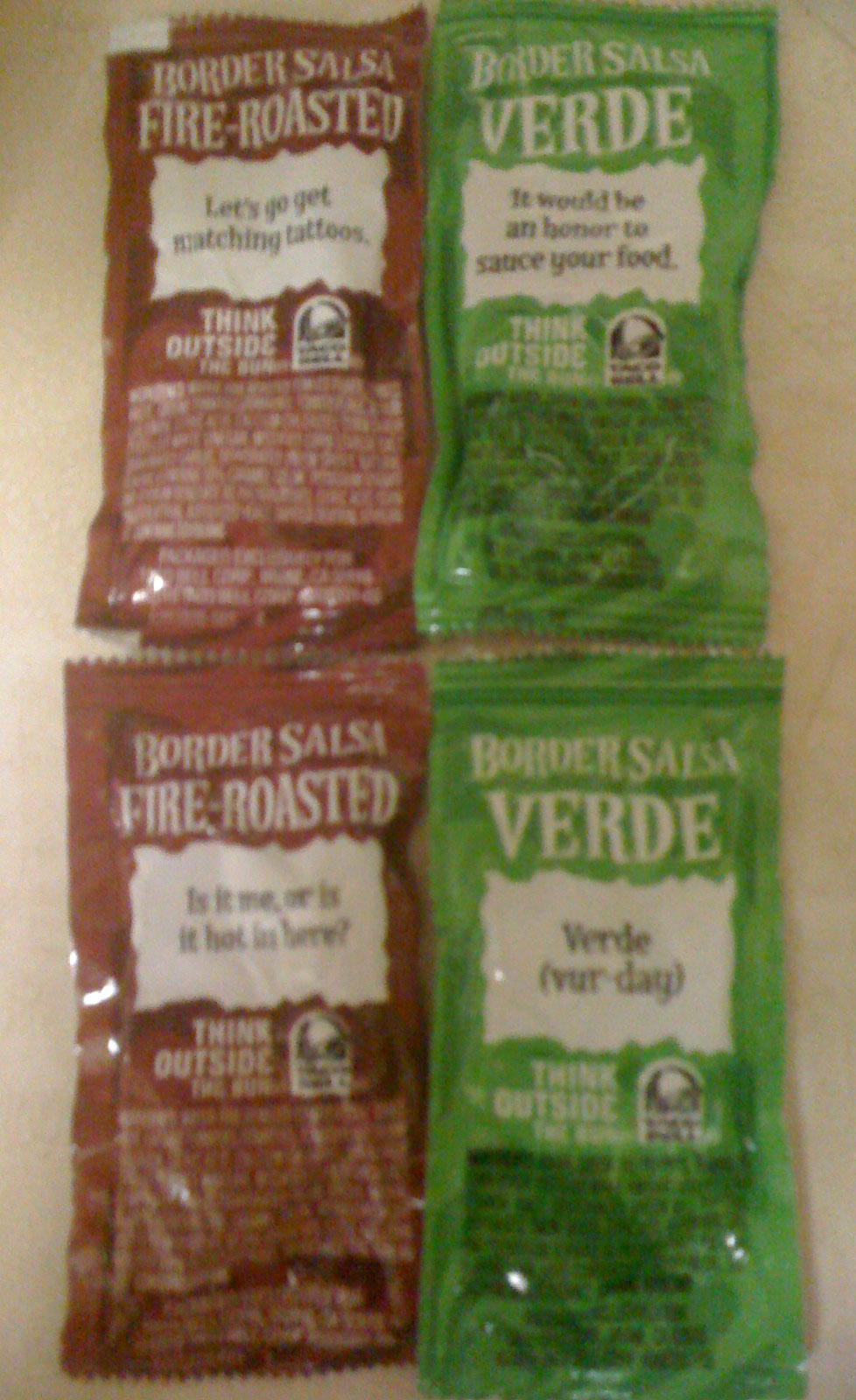 Fat Pride Times NEW Taco Bell Verde and Fire Roasted Border Salsa Packets