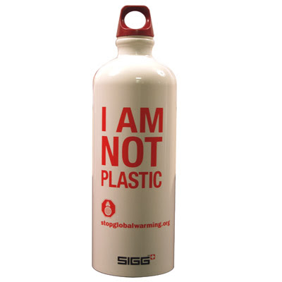 Aluminum Sigg water bottle that says: "I am not plastic"