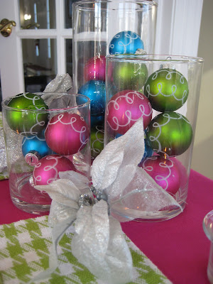 Pink, Green and Blue Christmas ornaments in glass containers