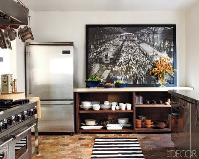 Ellen Pompeo's kitchen with large-scale photograph Elle Decor