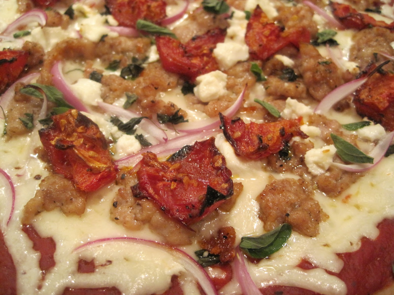 Delectably GlutenFree Goat Cheese, Sausage and Roasted Tomato Pizza