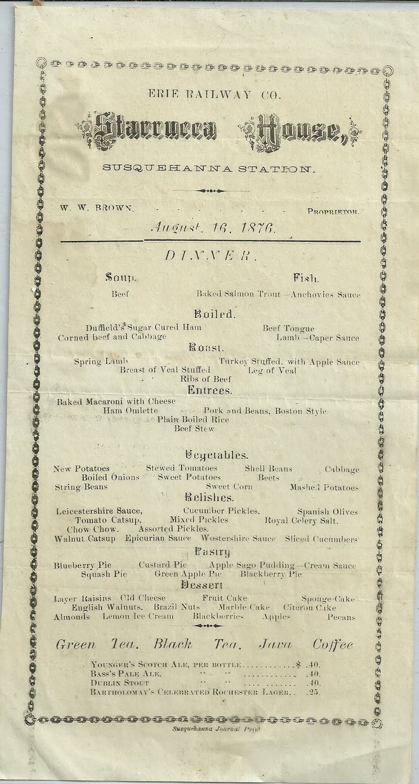 Heirlooms Reunited 1876 Menu for Starrucca House, Susquehanna Station