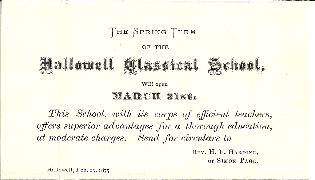 Heirlooms Reunited 1875 Spring Term, Hallowell Classical School, Hallowell Maine