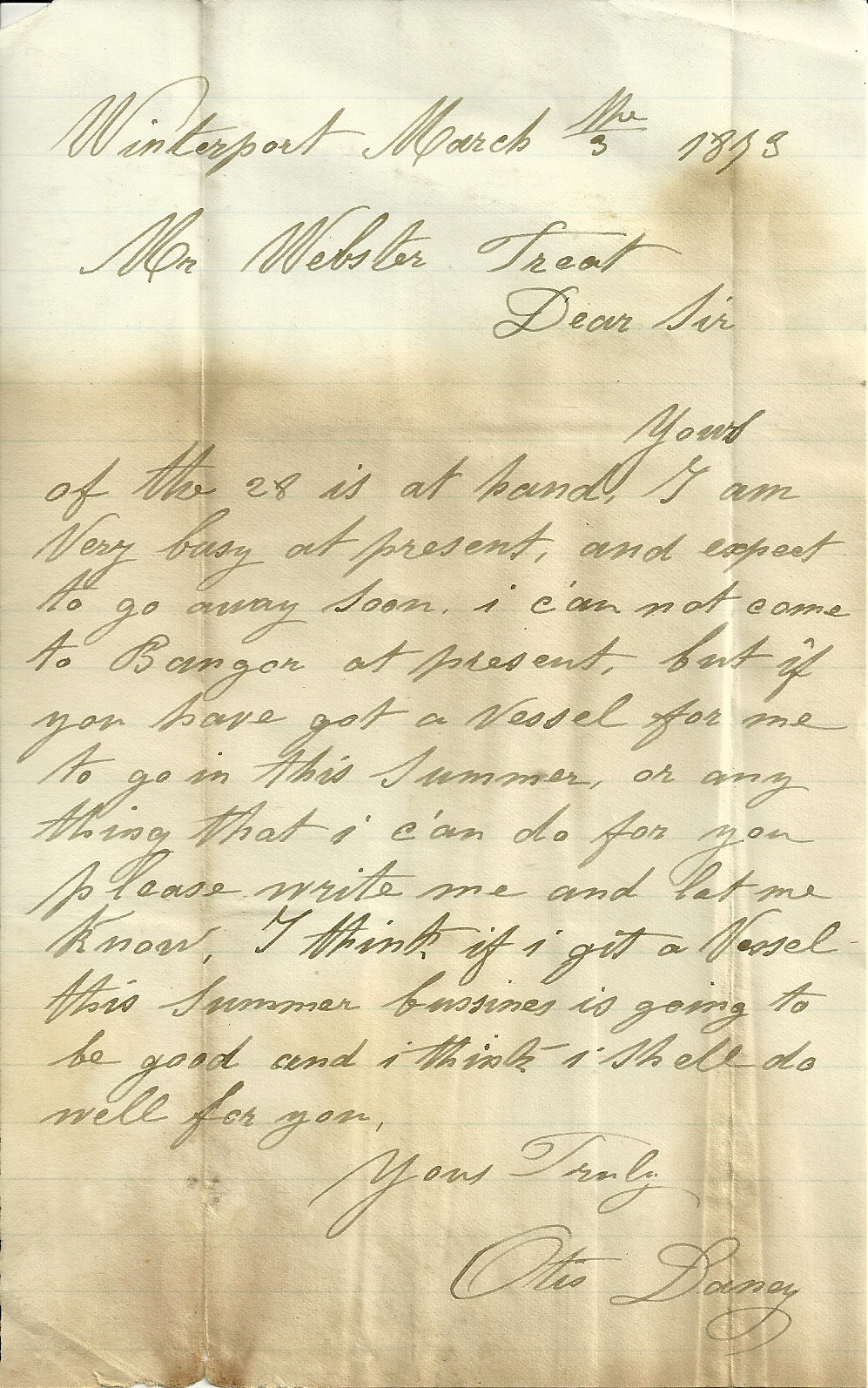 Heirlooms Reunited 1873 letter to ster Treat at Bangor, Maine, from