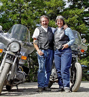 Robin Atkins with husband, Robert Demar on motorcycle ride
