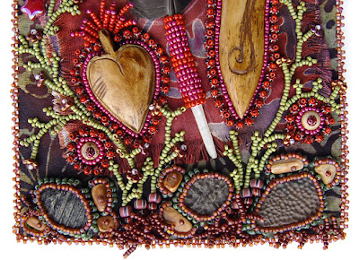 bead embroidery, improvisational, by robin atkins, bead artist, detail of bead journal project for October, title is Respect