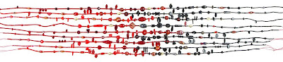 kimono necklace by Robin Atkins, strands of red and black beads