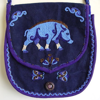 bead embroidery, hand made purse, celtic boar design, Janet Dann