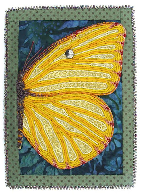 bead embroidery, mom's butterfly, with fabric border, by robin atkins