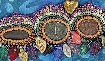 bead embroidery by Robin Atkins, detail of bead bezels for pebbles