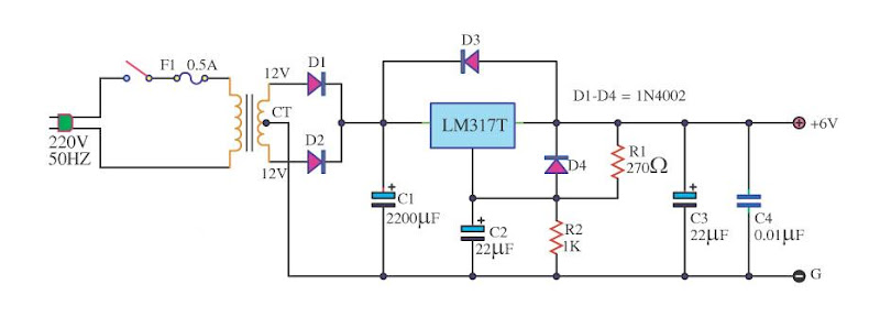 LM317 6V DC Power Supply Circuit | Power Supply Diagram and Circuit