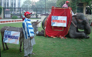 A side view of the Republican Elephant & Democratic Donkey.