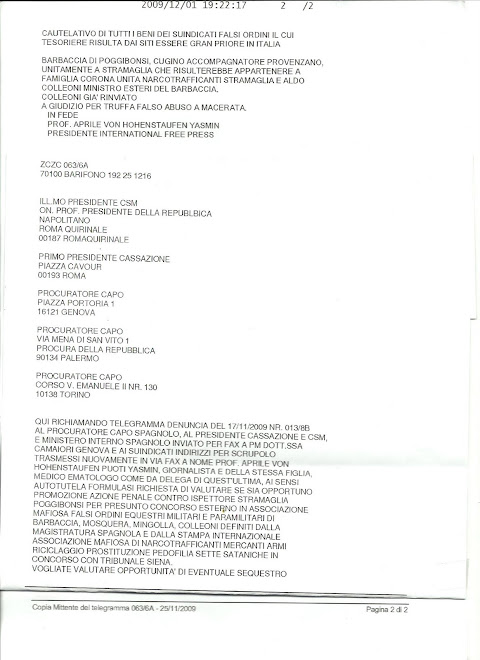Denuncia querela contro Tribunale Siena presunto favoreggiamento Clan Provenzano, mafia ,sette