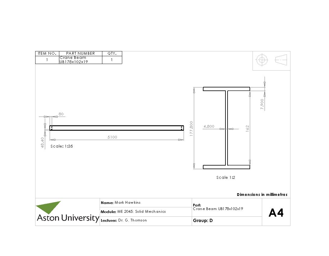 Solid Mechanics Crane Project CAD UB178x102x19