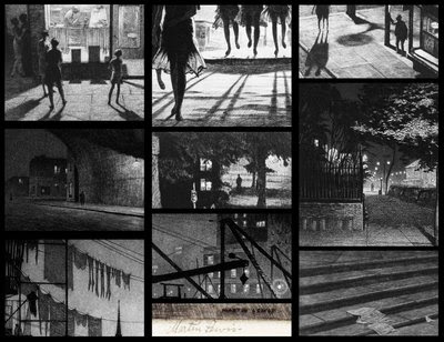 Montage d'ombres et de silhouettes extraites de gravures de Martin Lewis