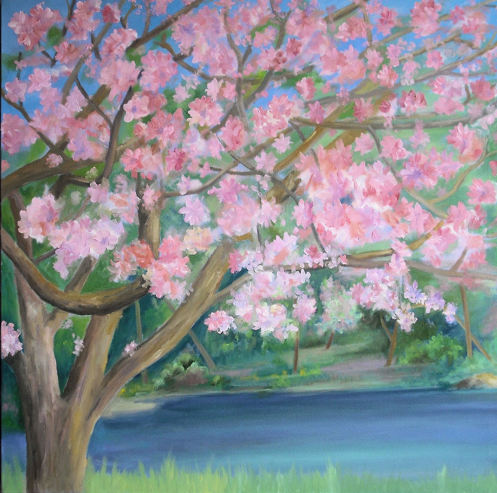 Ken's Art Studio Cherry Blossom painting 36x35 drawn on canvas