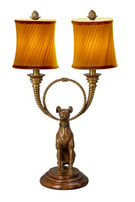 Theodore Alexander makes decorative accessories. These were introduced at the 2009 autumn High Point Furniture Market. Table lamp with a dog as seen in Gift & Home Today
