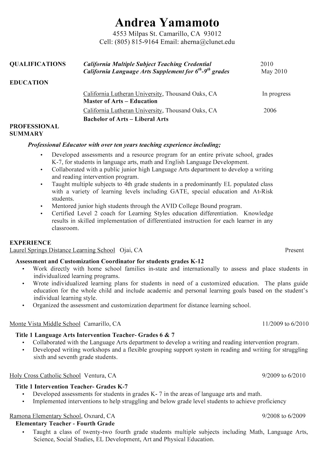 Teacher resume professional profile