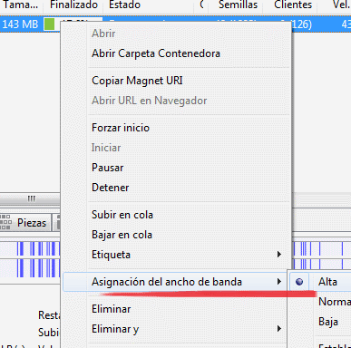 Imagen: Asignar ancho de banda al torrent en uTorrent