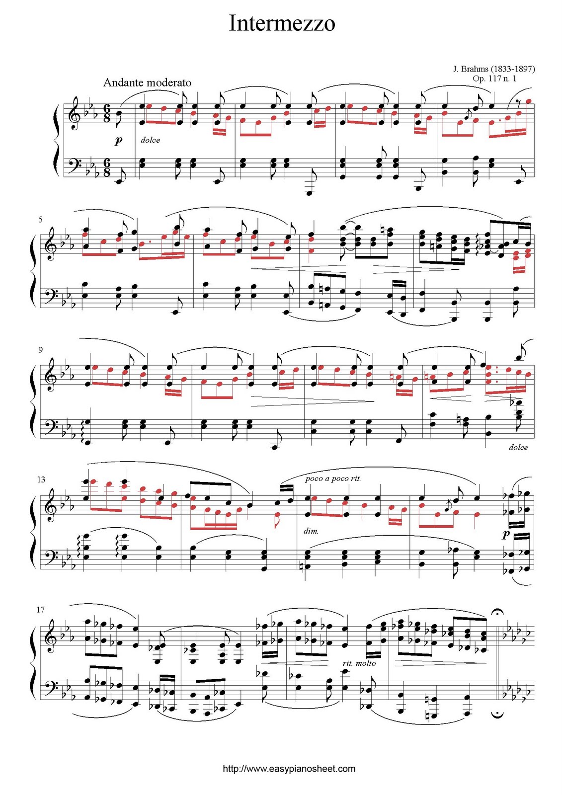 escalera mecánica bostezando Puerto marítimo Partitura Facil: Aprende Piano Gradualmente: Johannes Brahms, partituras de  piano avanzado: Intermedio (Sonata Op.117, No.1), Nivel 5