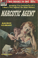 The cover for the pulp paperback "Narcotic Agent," featuring a woman seated at a table covered in cigarettes and a needle, as the hands of a man come into view and place handcuffs on one wrist.