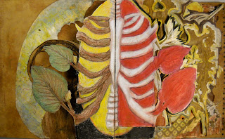 A color illustration of a ribcage and vertebrae, turning to leaves.