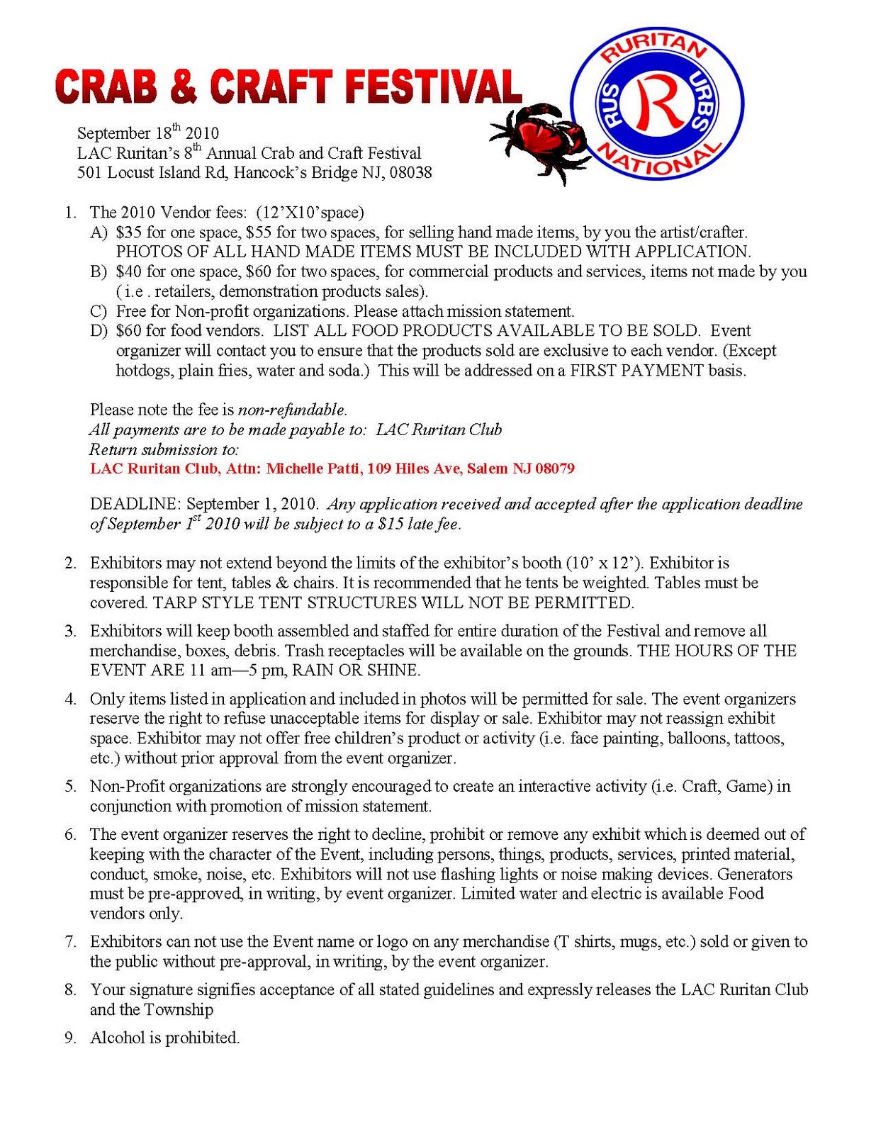 LAC Ruritan Crab and Craft Festival 2010 Vendor Rules and Vendor