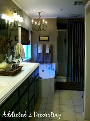 Master bathroom makeover--view of vanity area, tub and shower