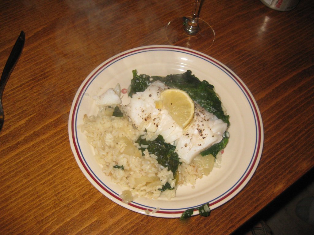 Dinner's Ready: Cod Poached on Spinach Over Rice