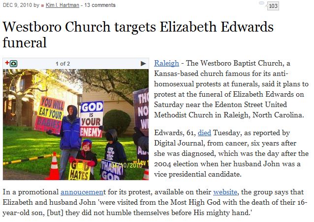 Westboro Church targets Elizabeth Edwards funeral.