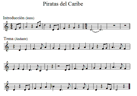 Easy Music Score Pirates of Caribbean with Intro in Treble Clef 