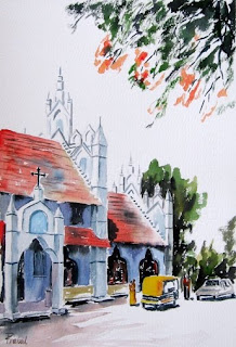 watercolor painting - outside the church